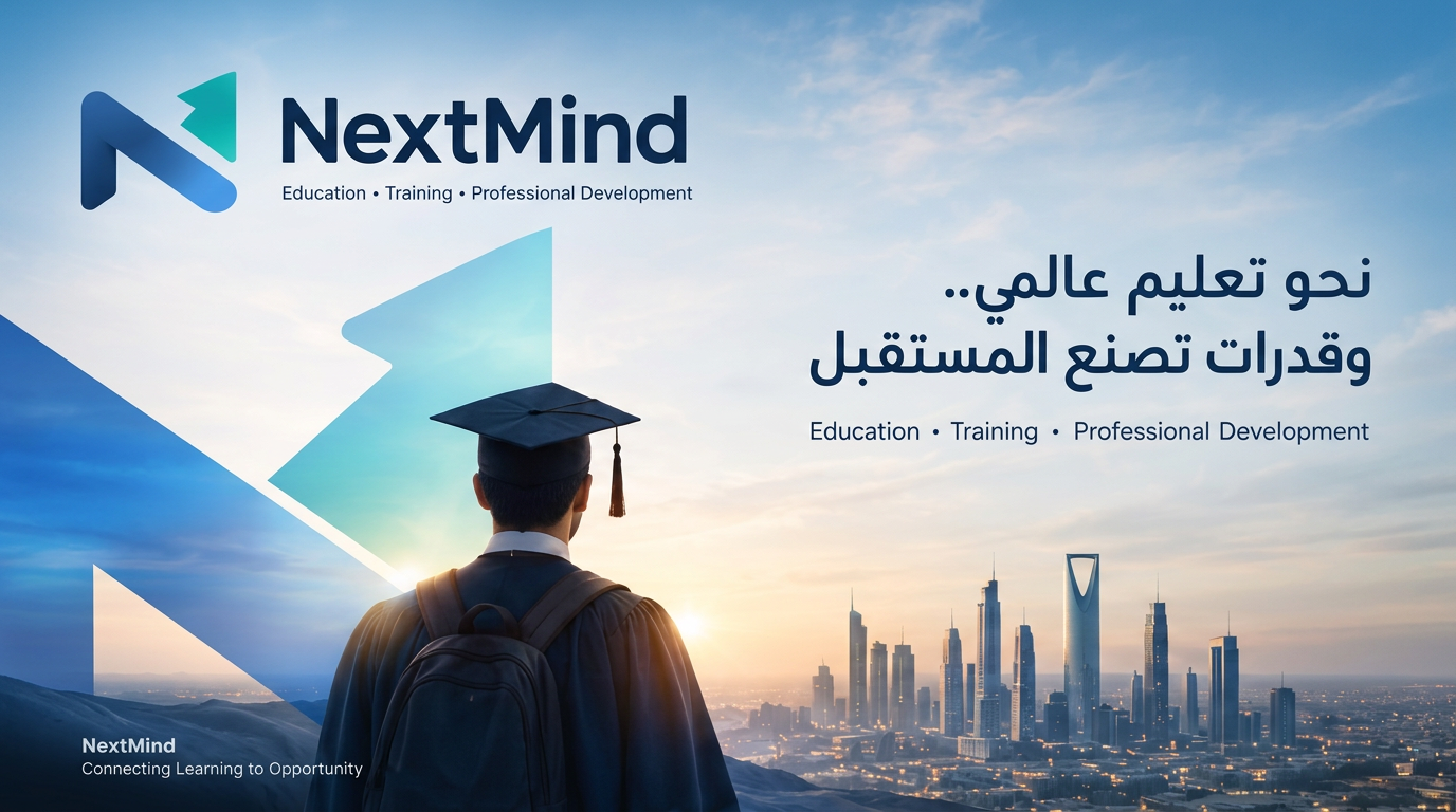 NextMind visual identity featuring a graduate overlooking Riyadh